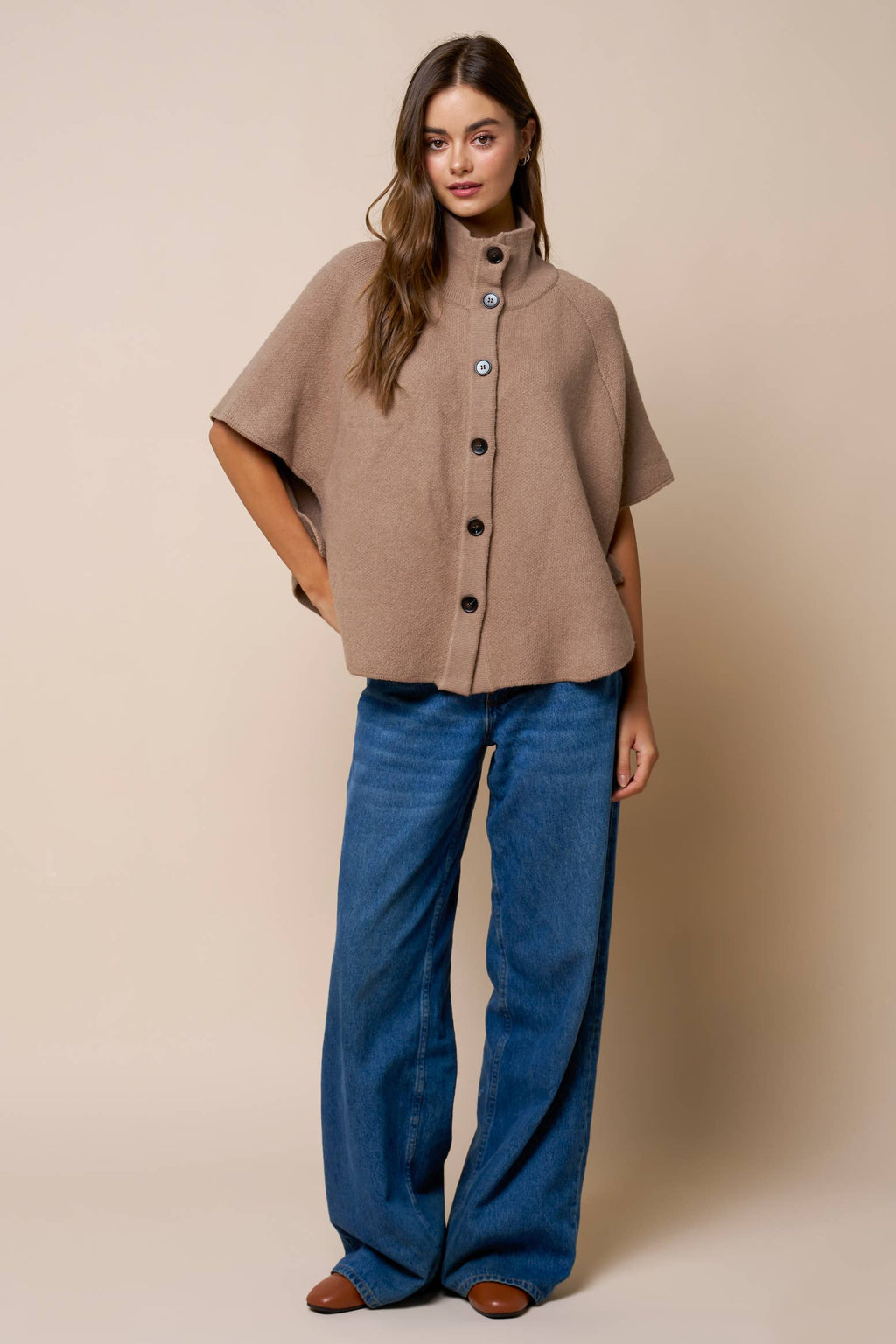 Ponya | Mock Neck Button Down Knit Poncho
