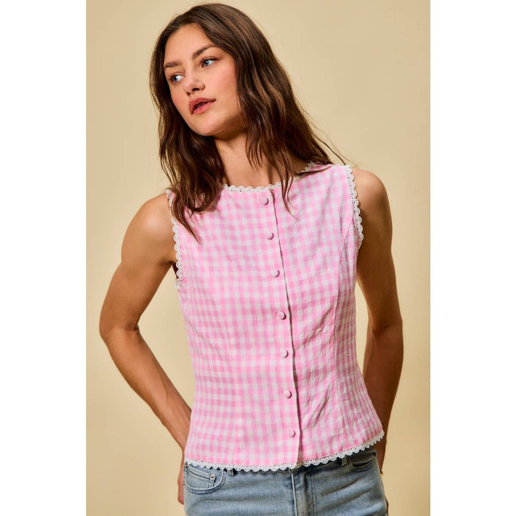 Kensington | Gingham Lace Trim Button Down Top