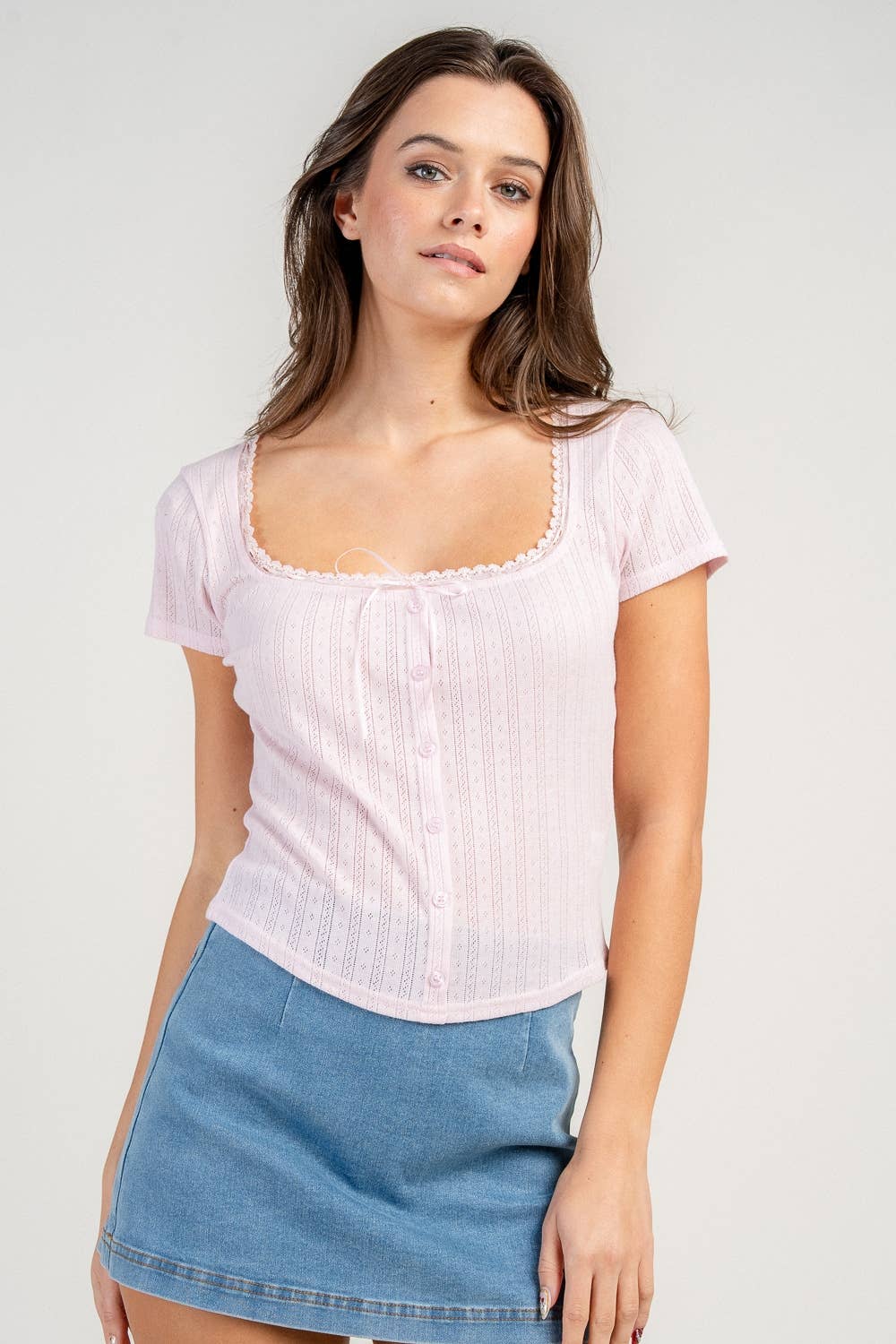 Isla | Pointelle Button Down Cap Sleeve Top
