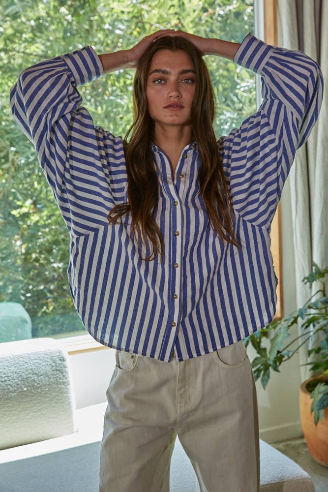 Laine | Woven Striped Button  Down Collar Neck Shirt Top