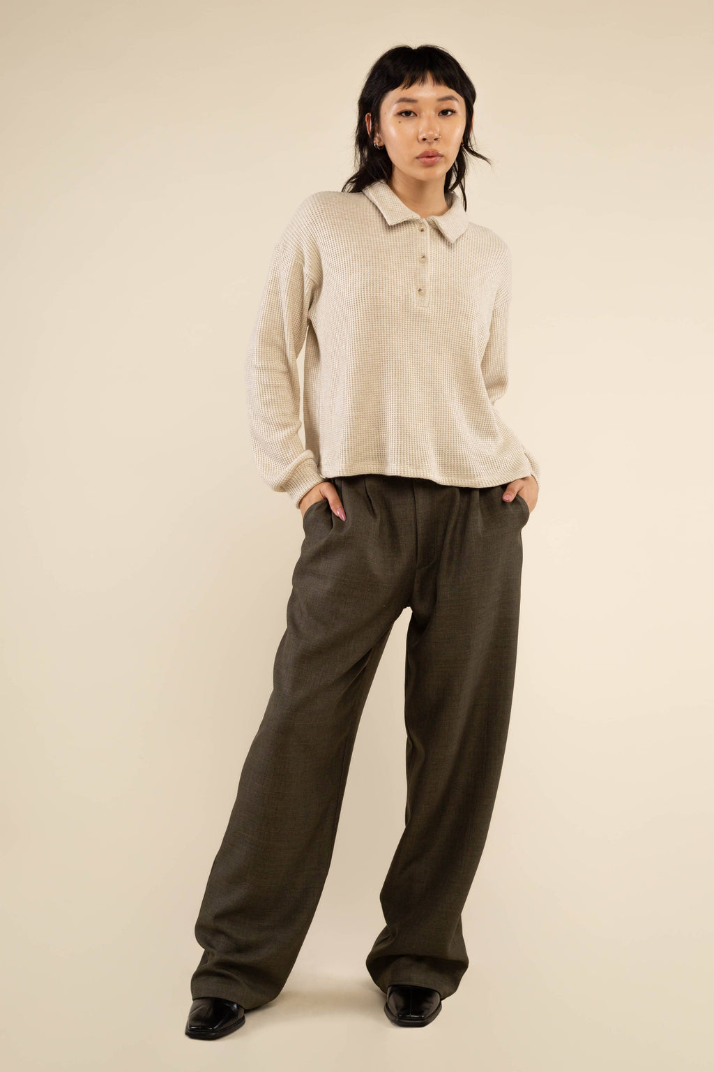 Fawn | Waffle Polo Long Sleeve Top