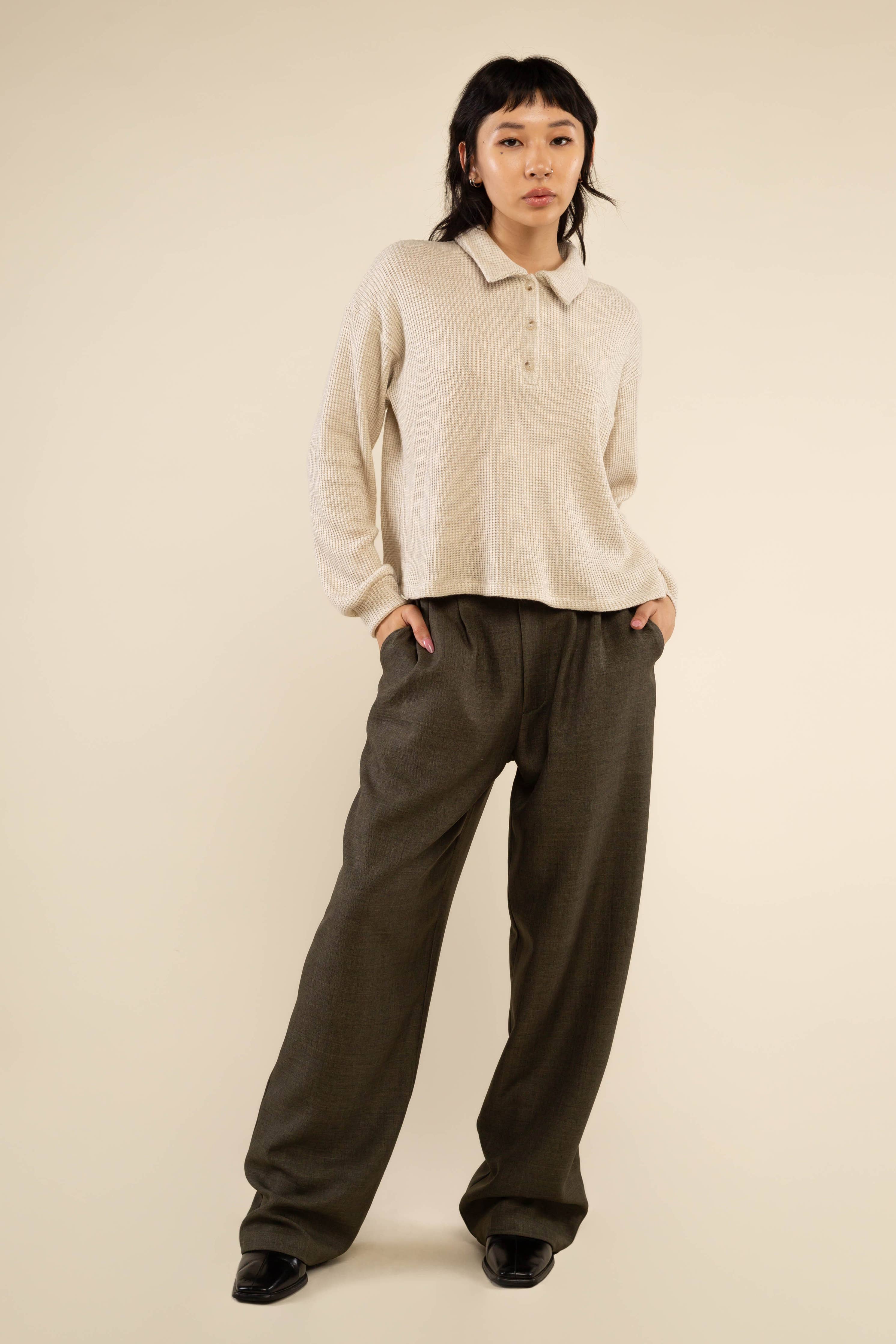 Fawn | Waffle Polo Long Sleeve Top