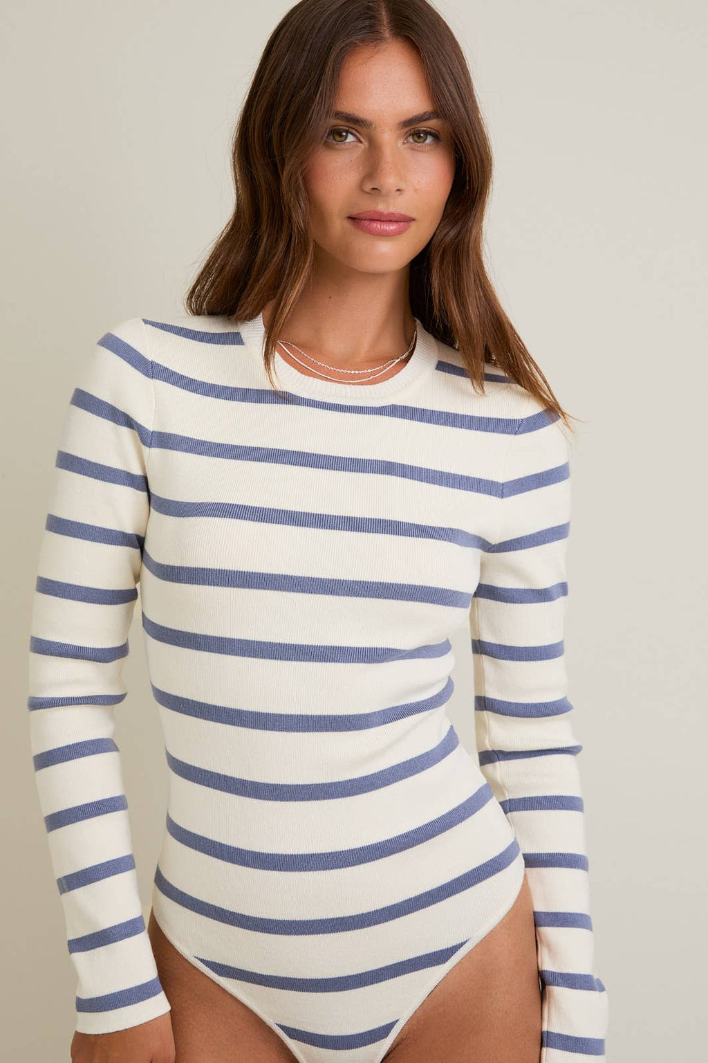 Coa | Round Neck Long Sleeve Stripe Knit Bodysuit
