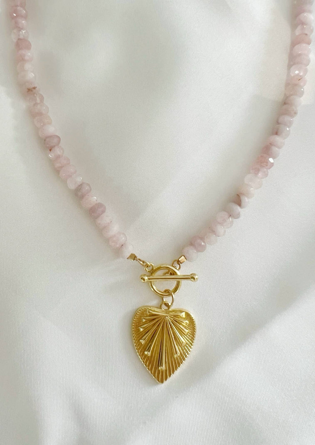 Rosalie Rose Quartz Heart Beaded Toggle Necklace Gold Filled