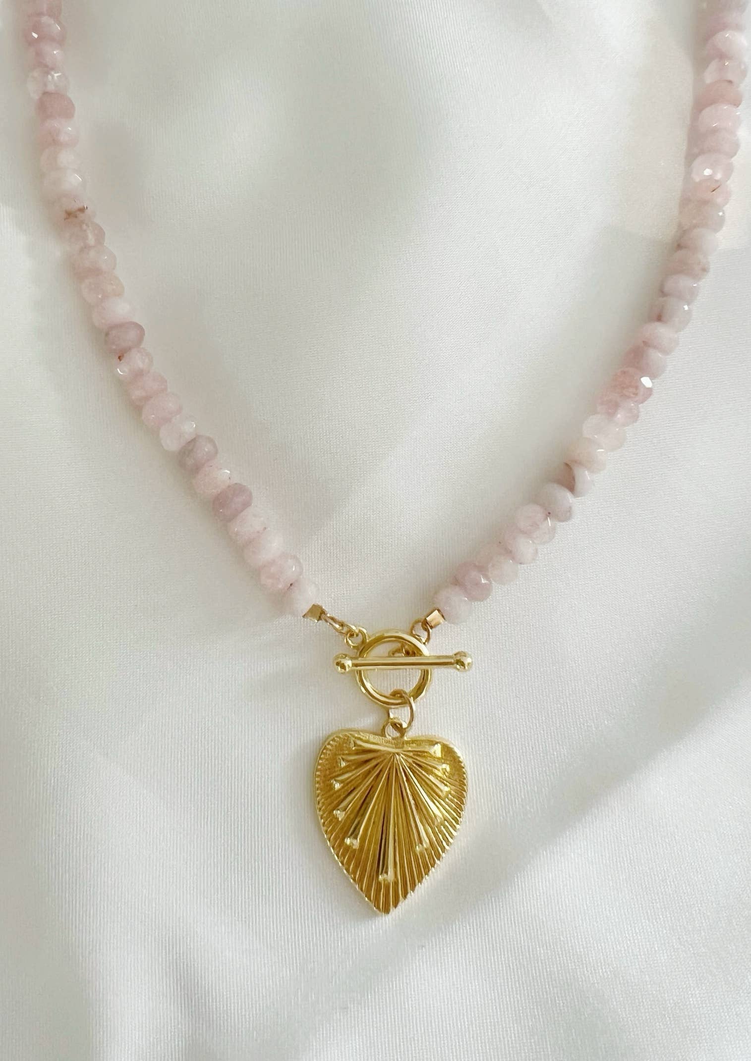 Rosalie Rose Quartz Heart Beaded Toggle Necklace Gold Filled