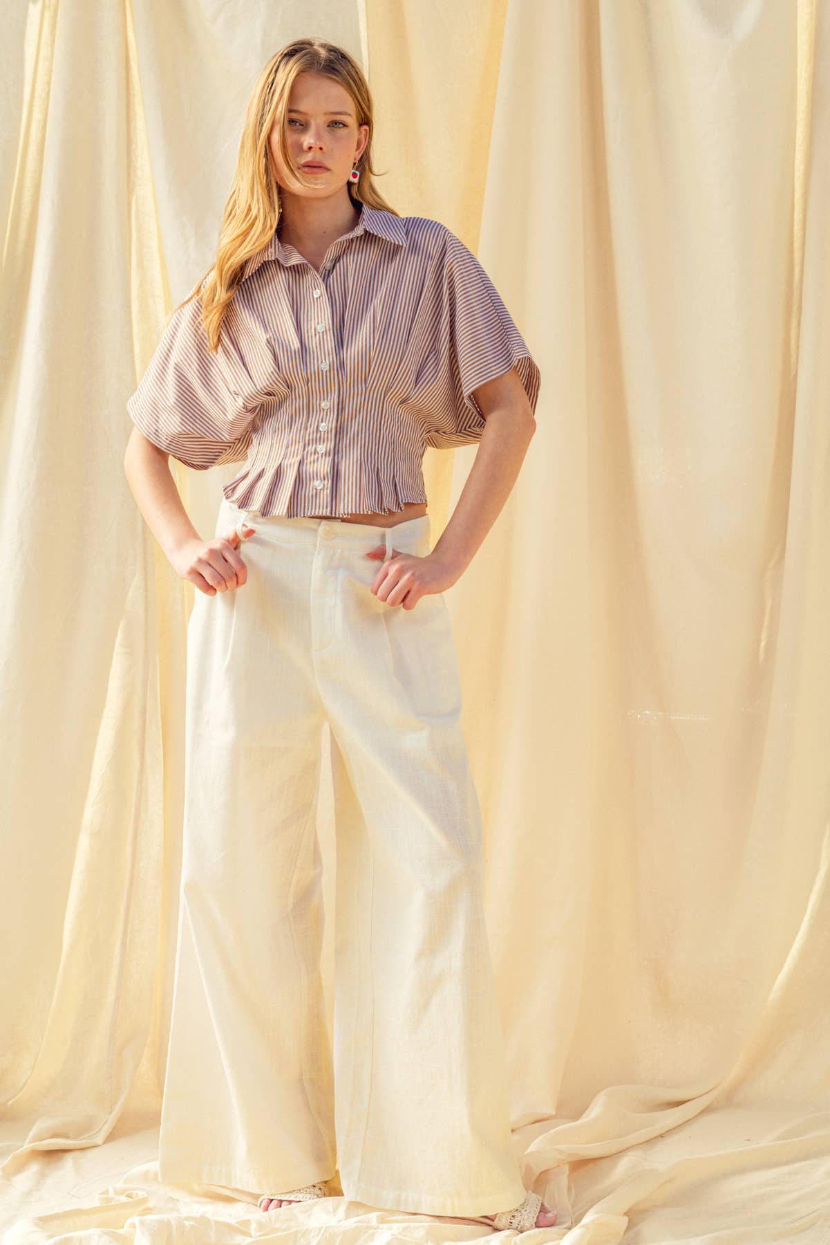 Bay | 100% Cotton Stripe Button Shirt w/ Pleated Waist