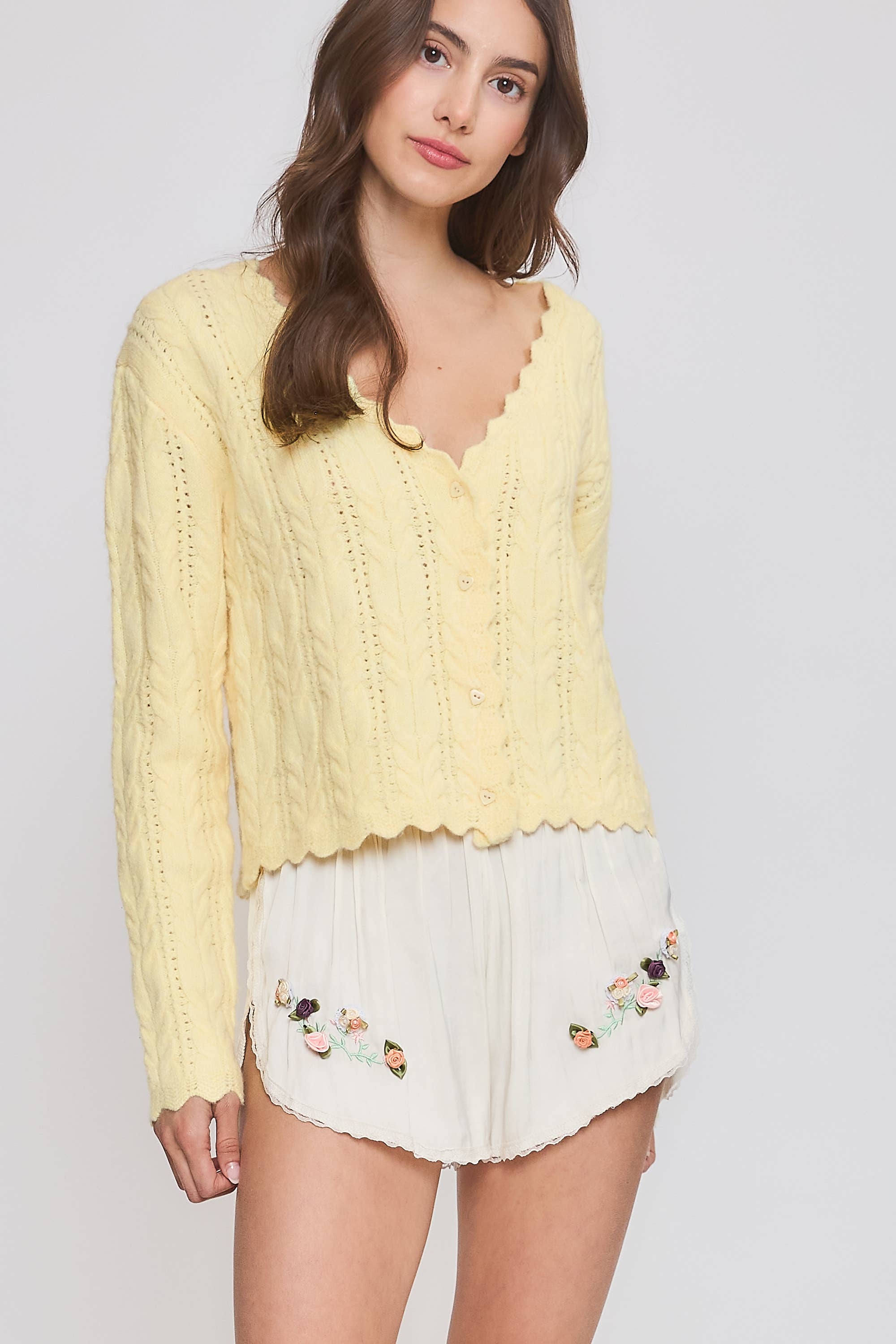 Greer | Scallop Hem Cable Knit Cardigan