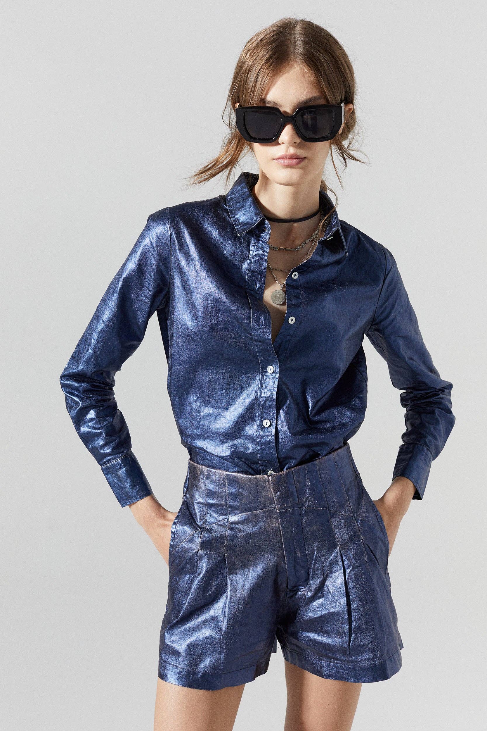 San Marino Metallic Linen Shirt - Dark Blue