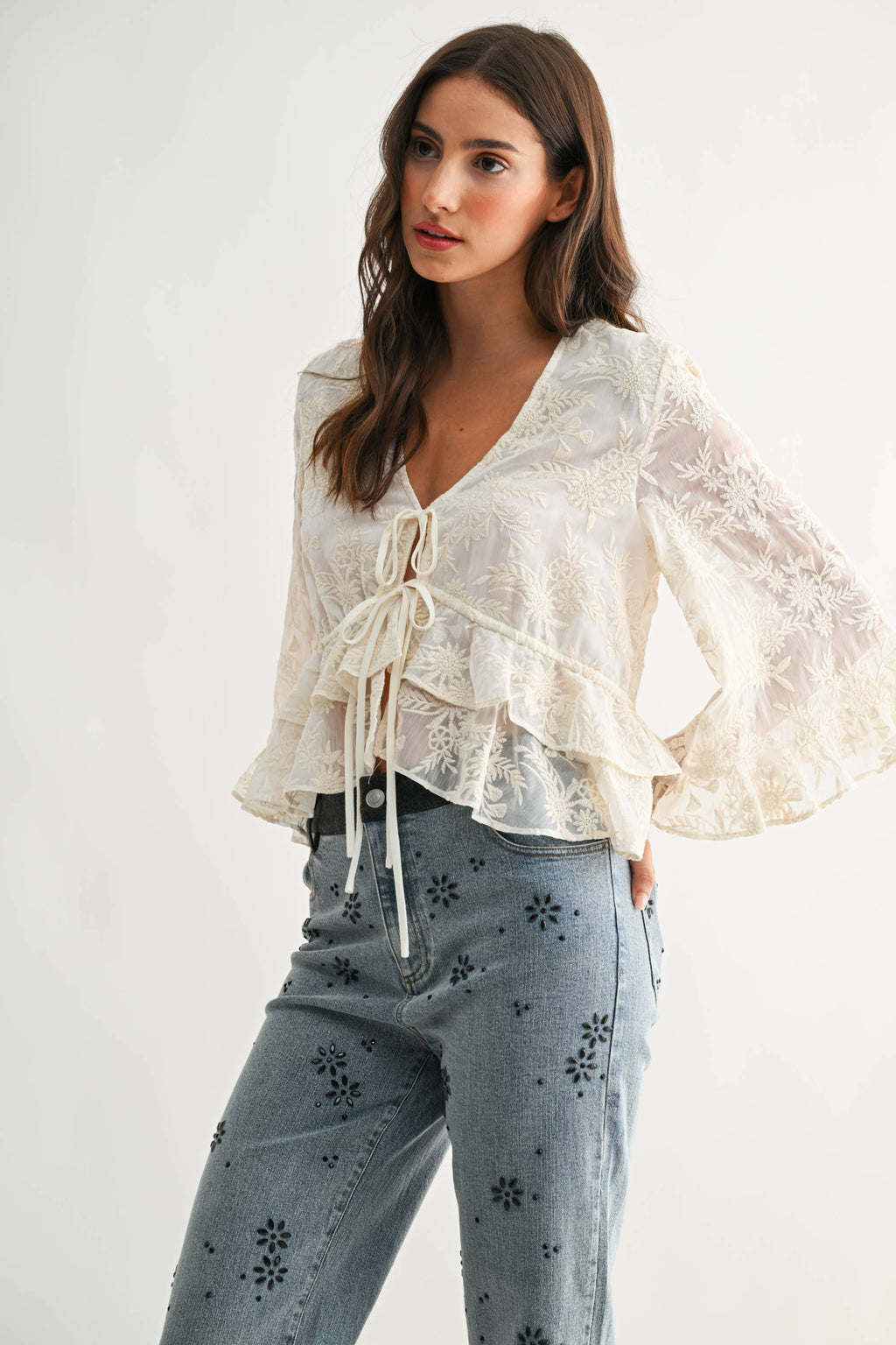 Holland |  Boho Embroidered Sheer Blouse Flowy Bell Sleeves