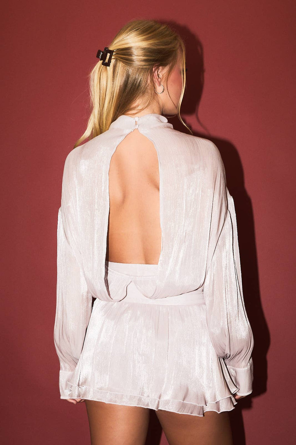 Cleo | Long Sleeve Mock Neck Open Back Blouse