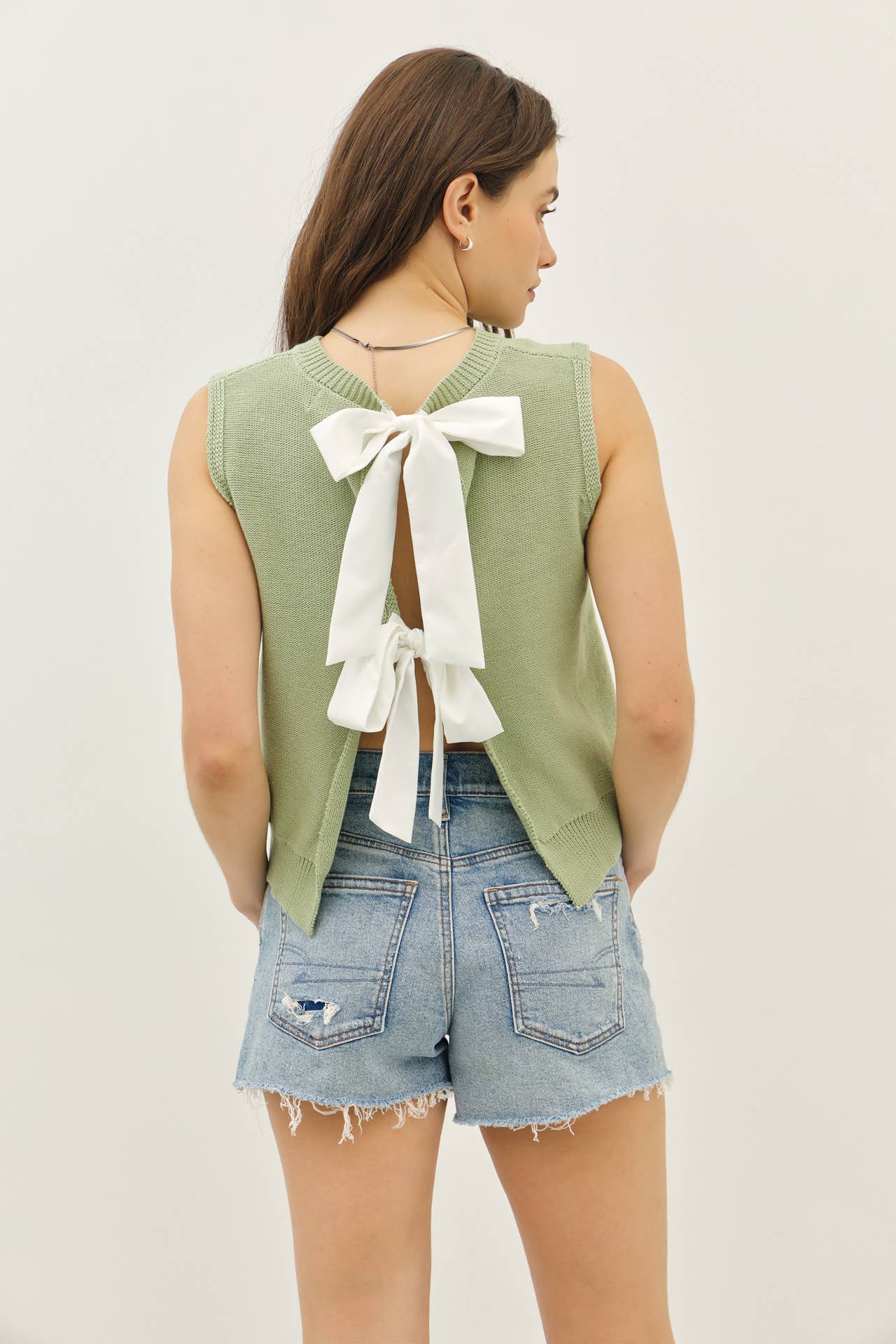 Sage | Sweater Vest Top with Back Contrast Bow Tie Details