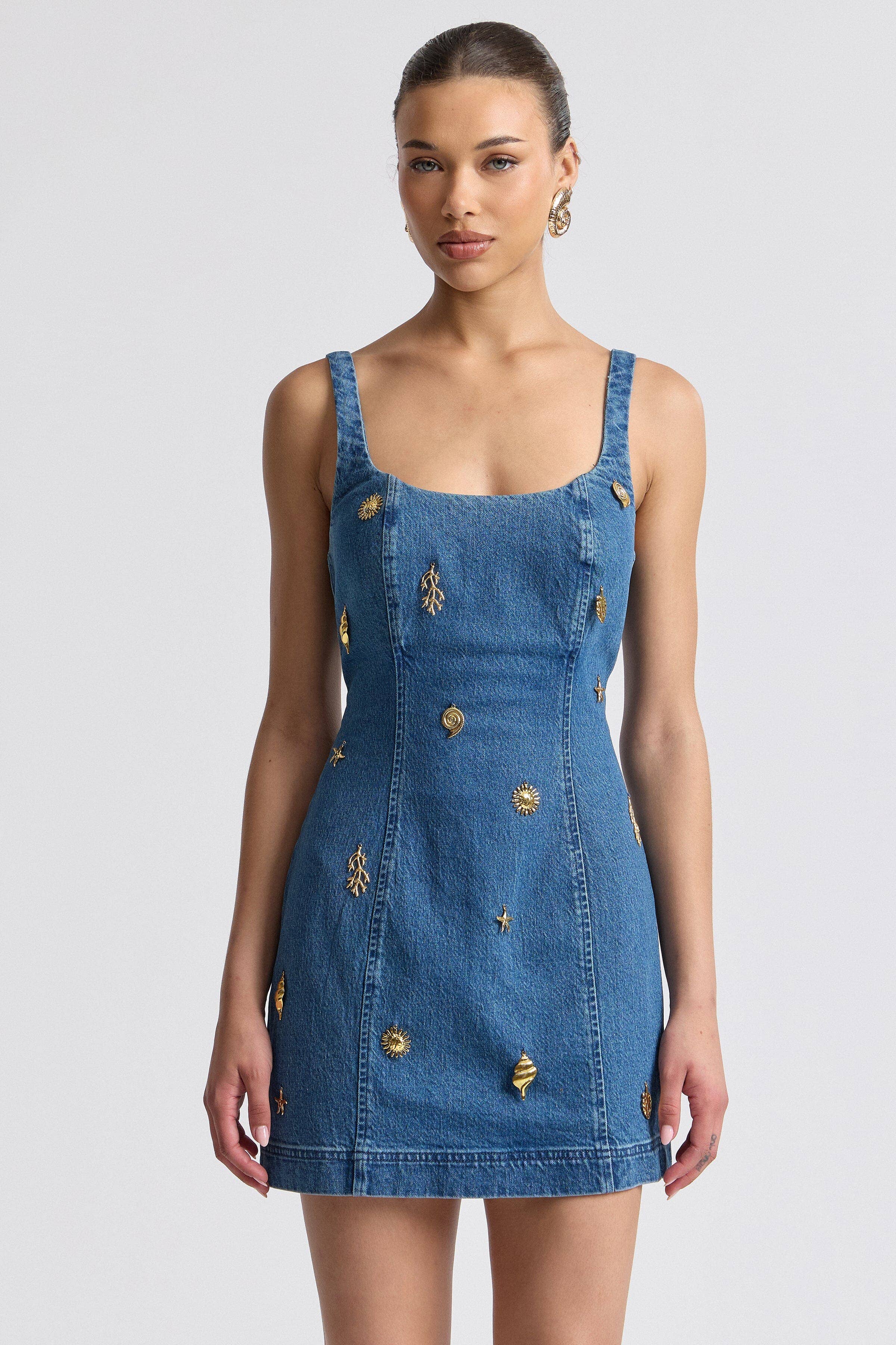 Monarch | Stretch Denim Charm Embellished Mini Dress