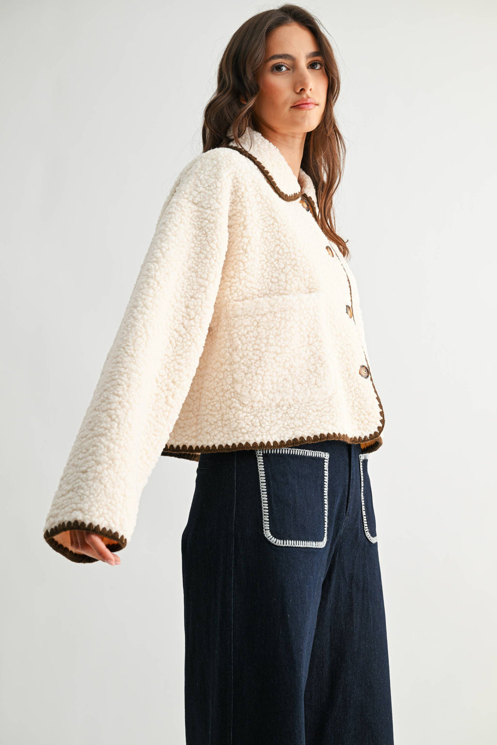 Camille | Contrast Trim Sherpa Jacket