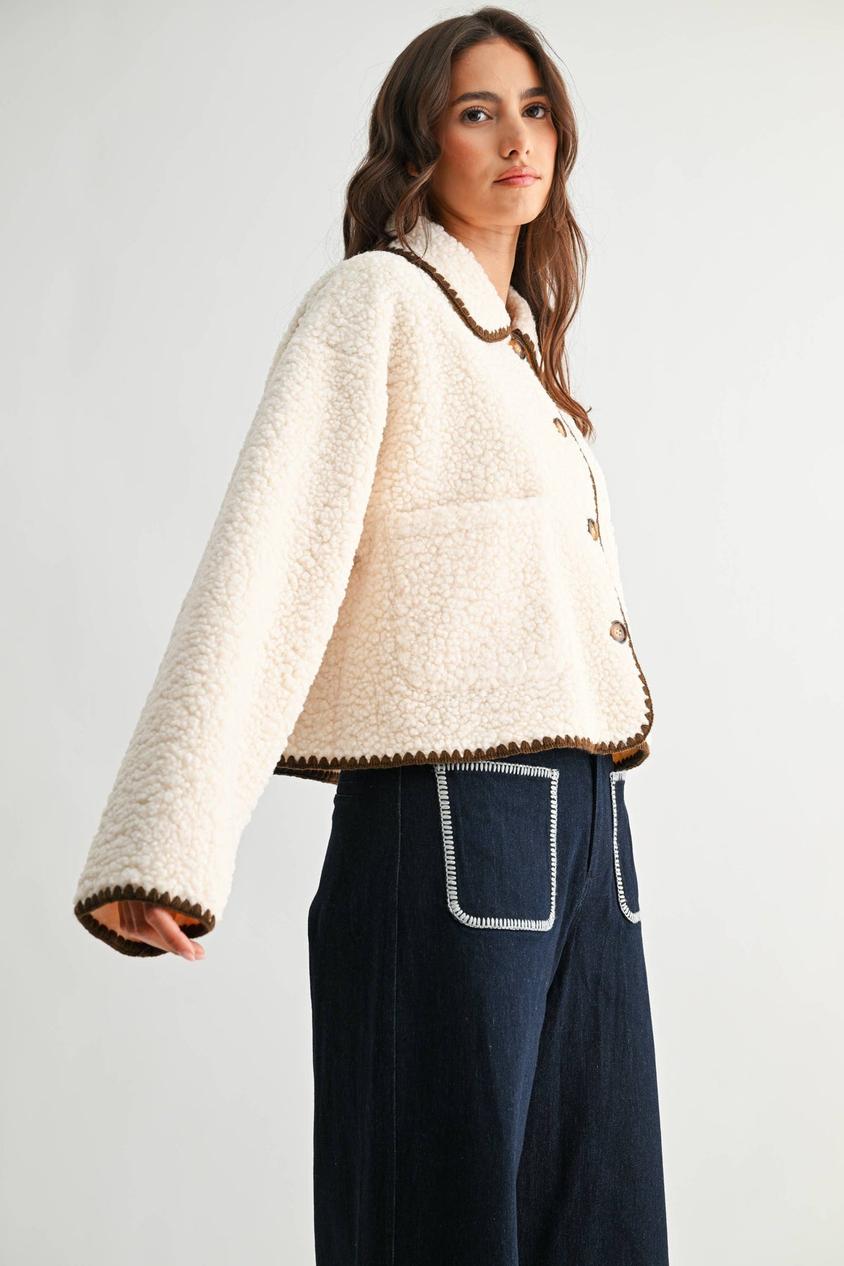 Camille | Contrast Trim Sherpa Jacket