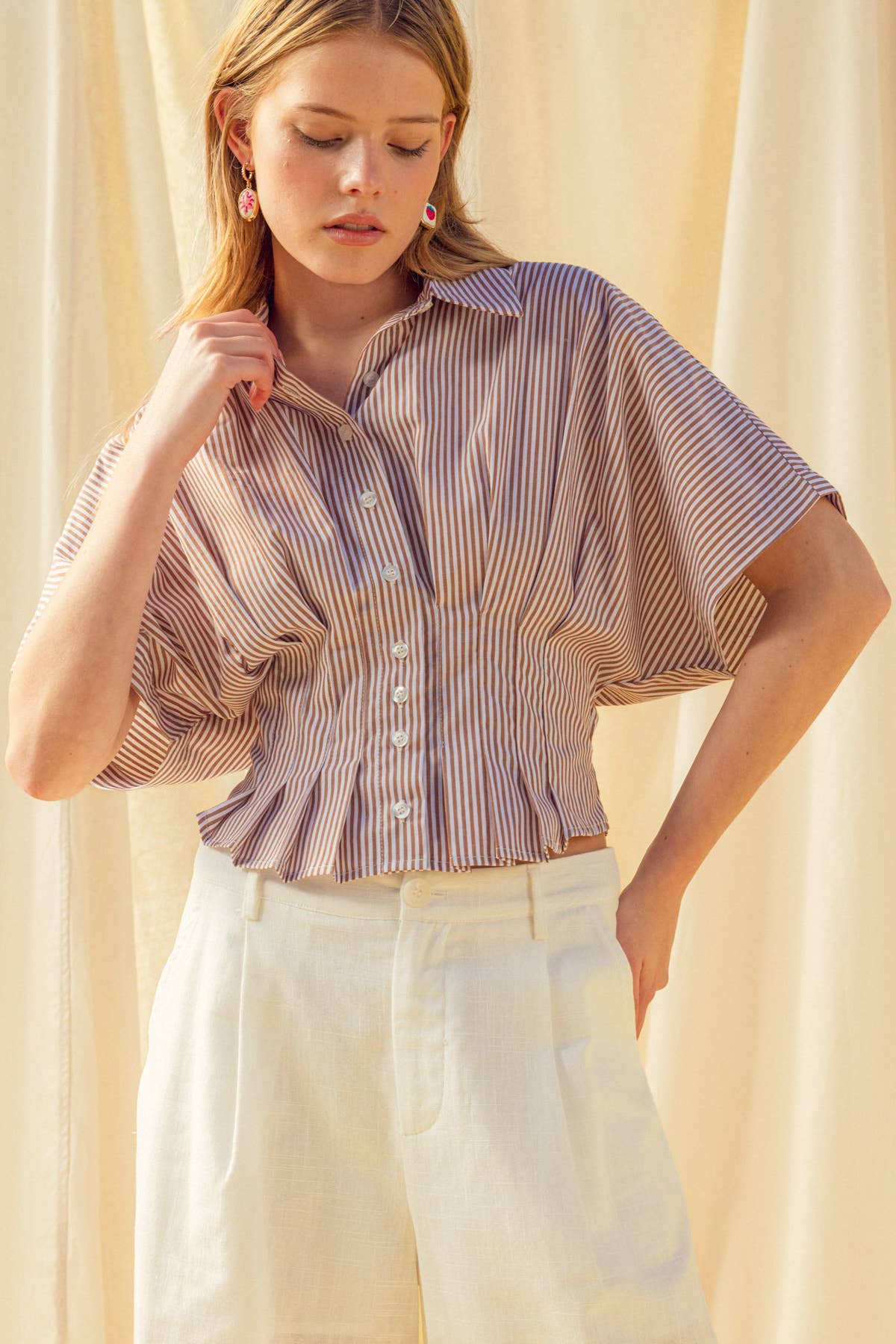Bay | 100% Cotton Stripe Button Shirt w/ Pleated Waist