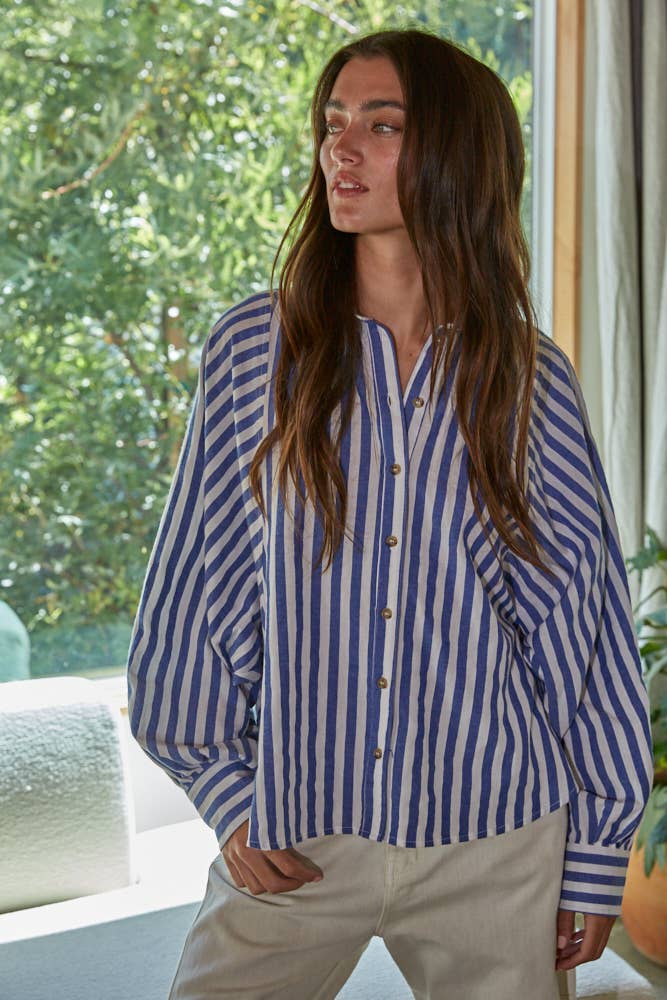 Laine | Woven Striped Button  Down Collar Neck Shirt Top