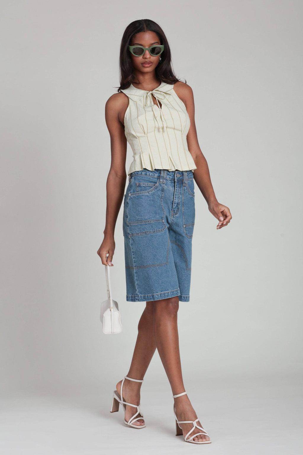 Montgomery | Striped Gingham Tie Front Collared Top