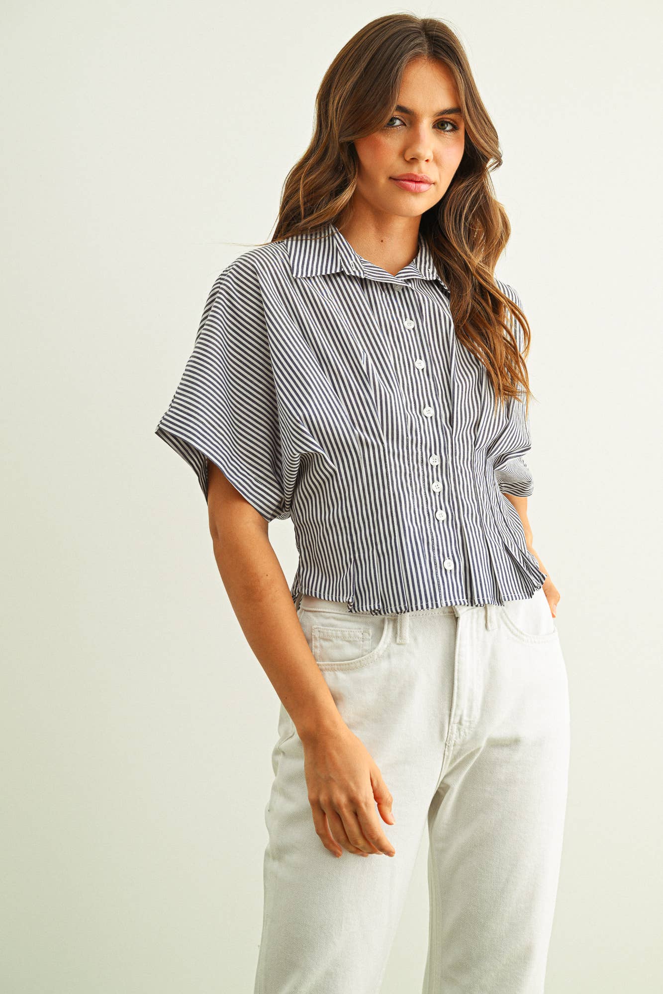 Bay | 100% Cotton Stripe Button Shirt w/ Pleated Waist