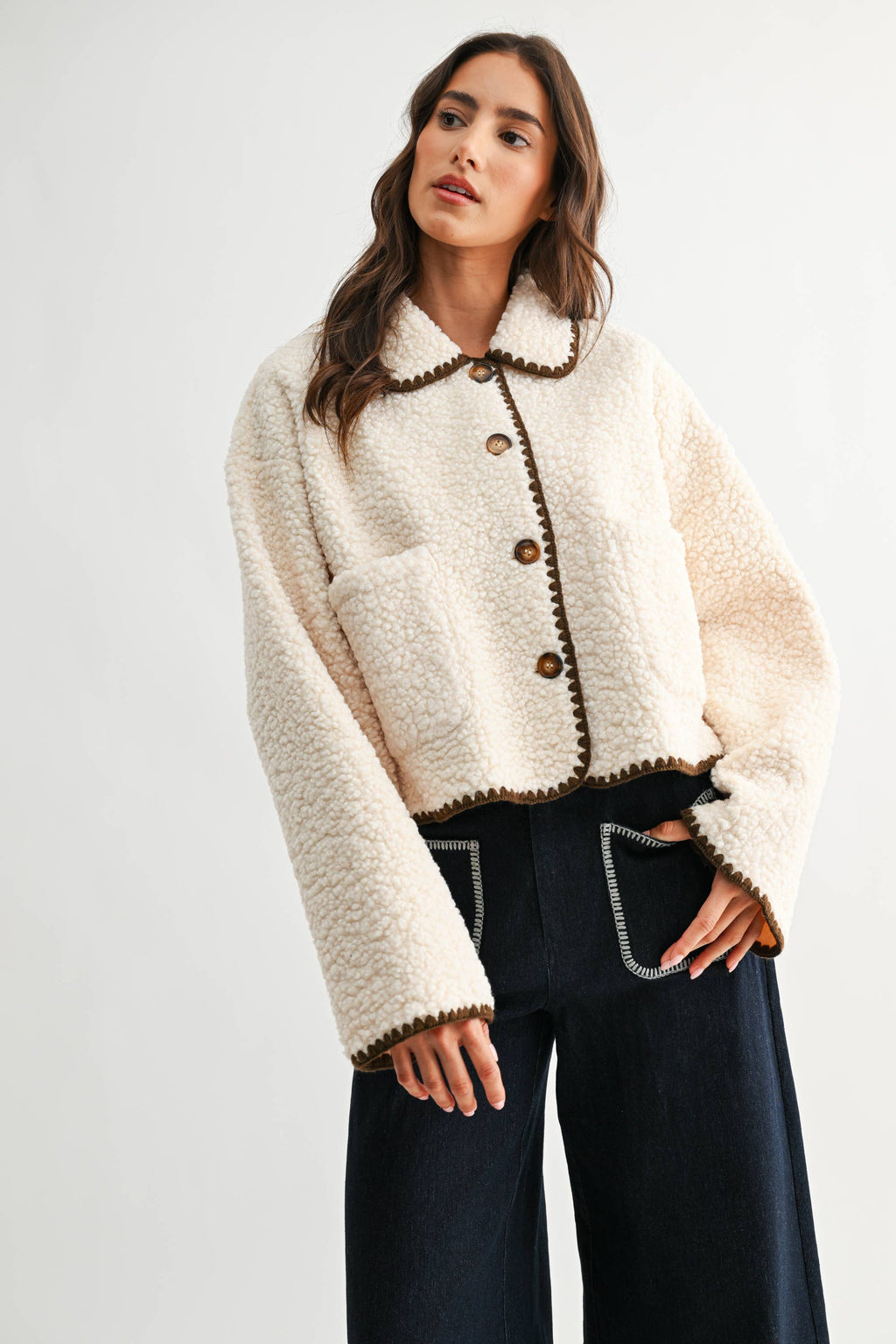 Camille | Contrast Trim Sherpa Jacket
