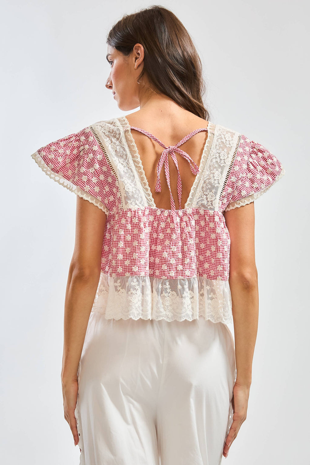 Evie | 100% Cotton Gingham Lace Trim Blouse
