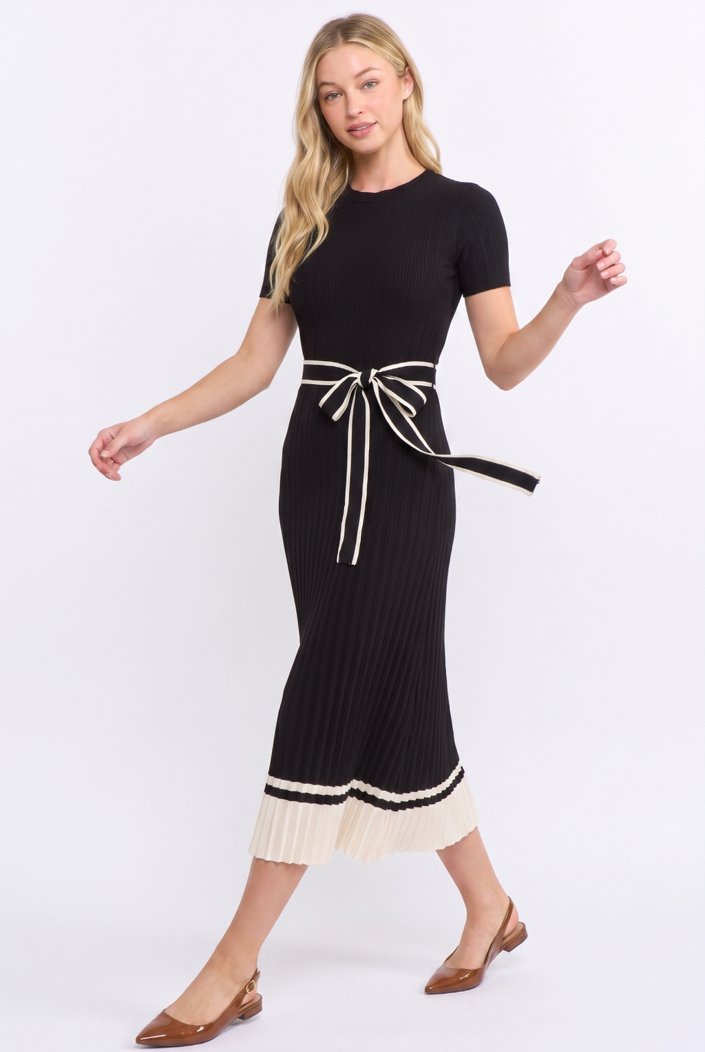 Margaret |  Ribbed Knit Midi Sweater Dress with Belt