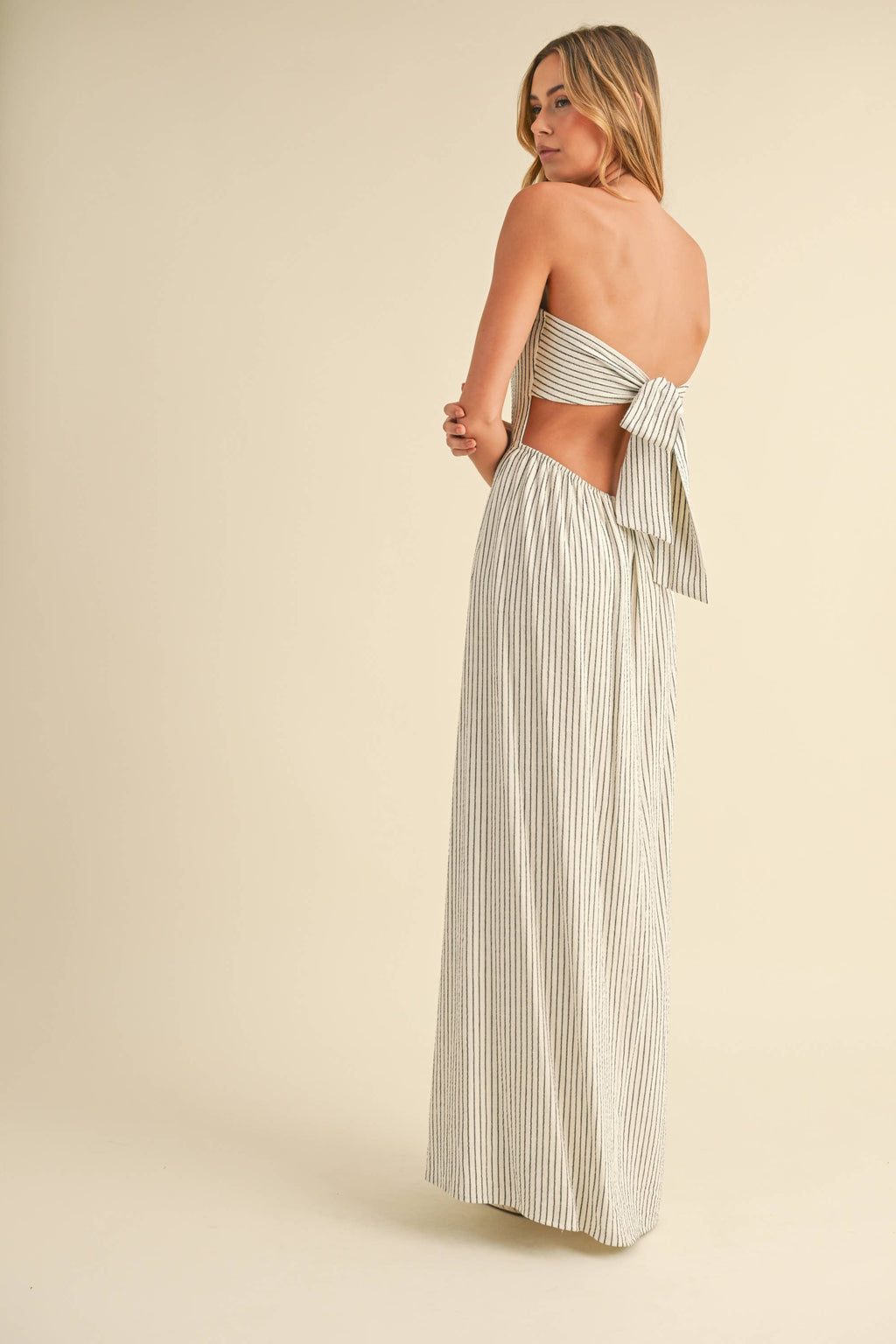 Calallily | Striped Long Back Tie Strapless Maxi