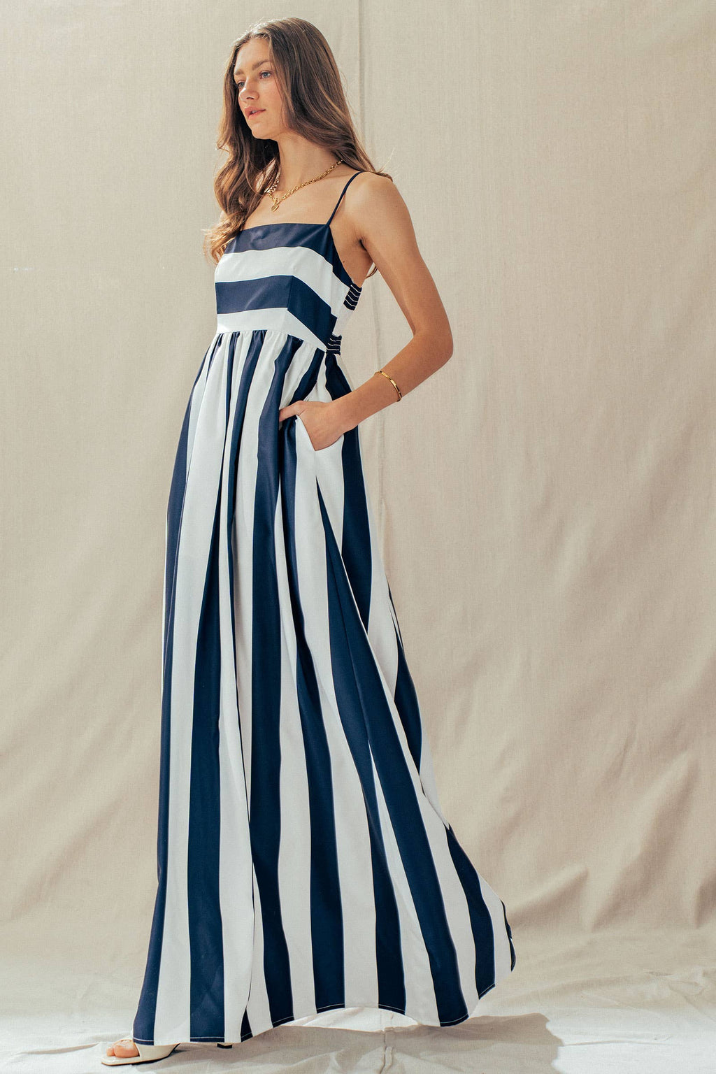 Wells | Vertical Stripe Smocked Back Maxi Dress