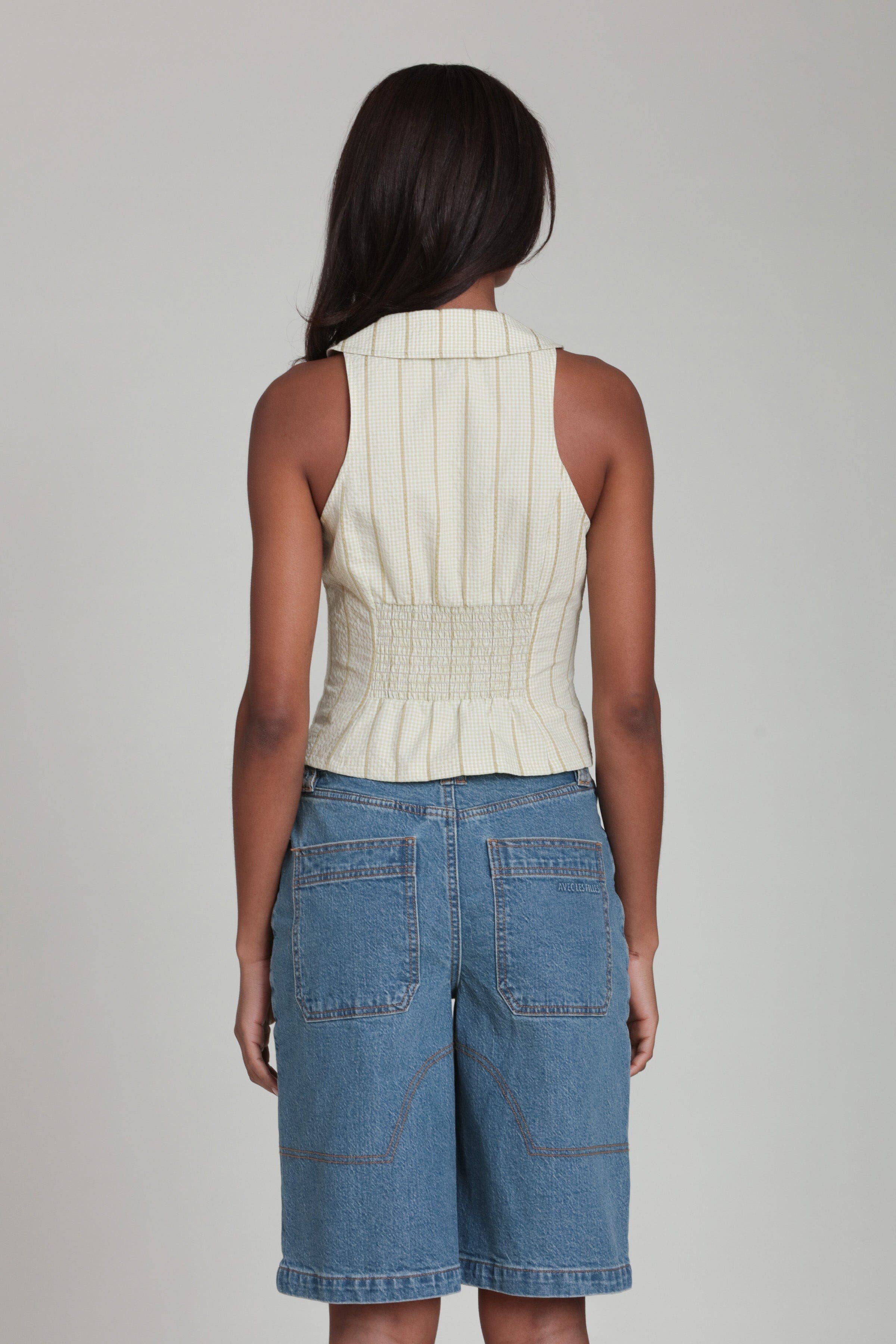 Montgomery | Striped Gingham Tie Front Collared Top