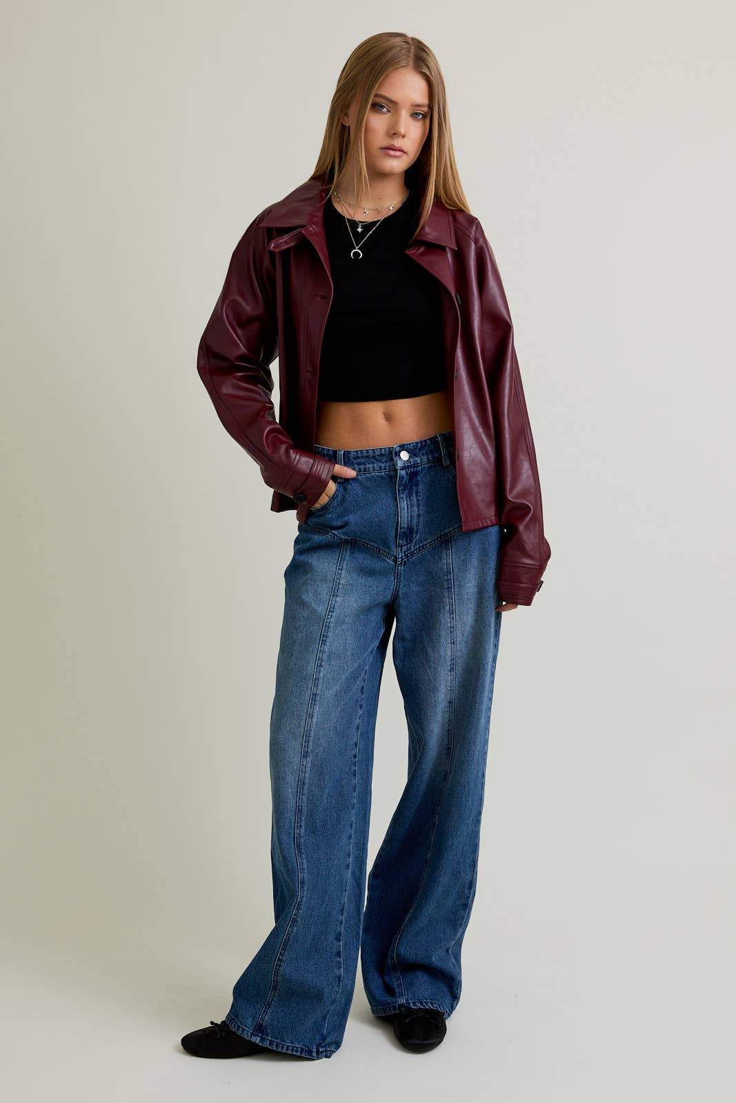 Opal | Mid-Rise Front Yoke Detail Wide Jeans