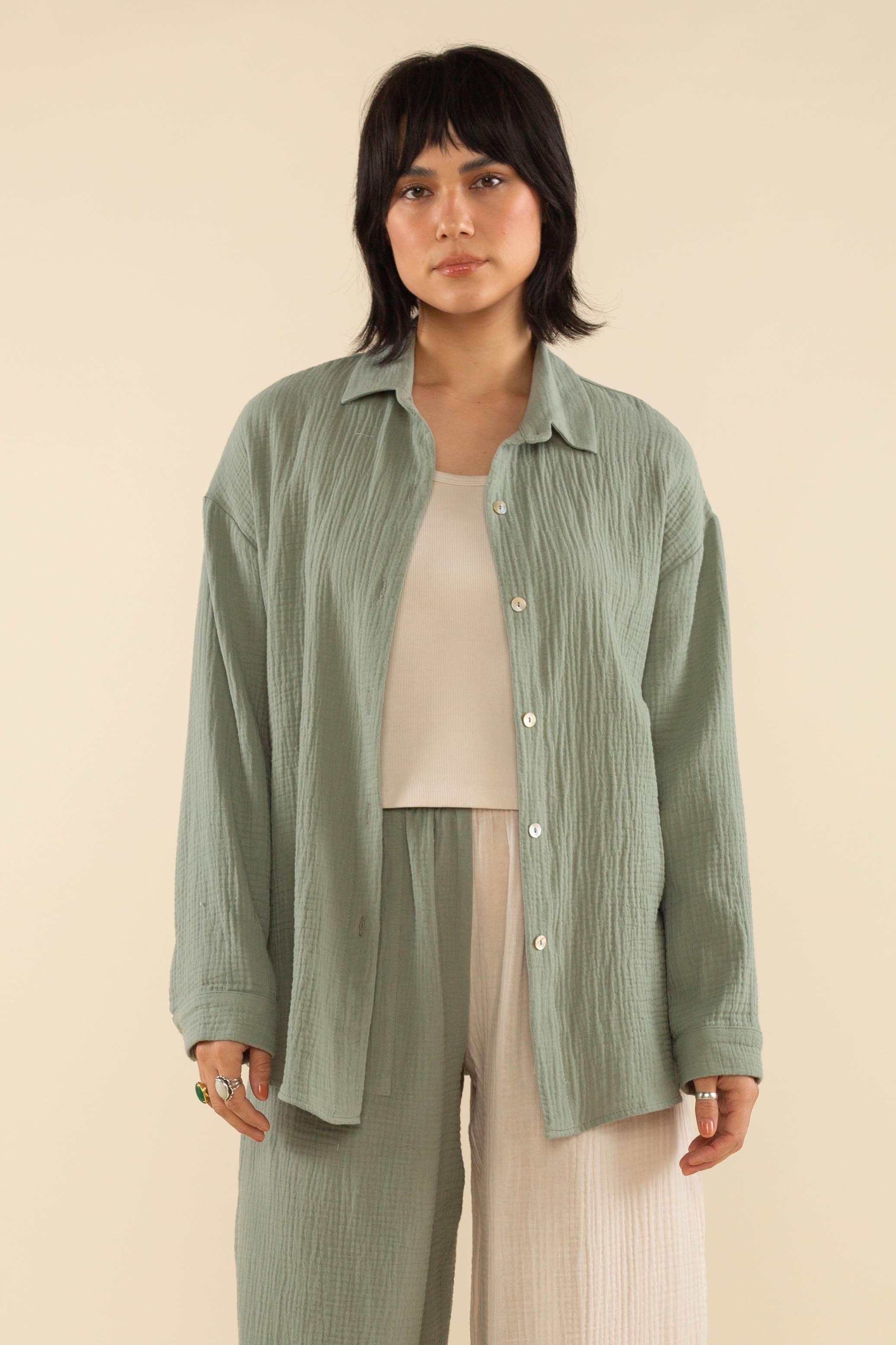 Sheri | Cotton Gauze Long Sleeve Button Up