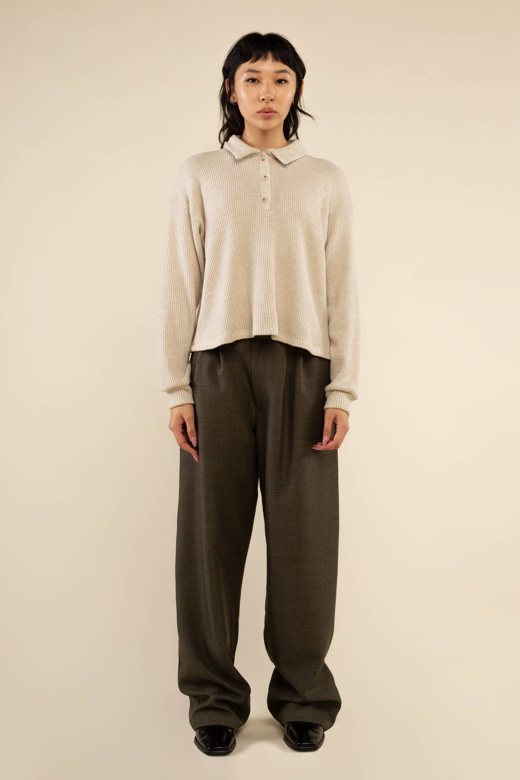 Fawn | Waffle Polo Long Sleeve Top