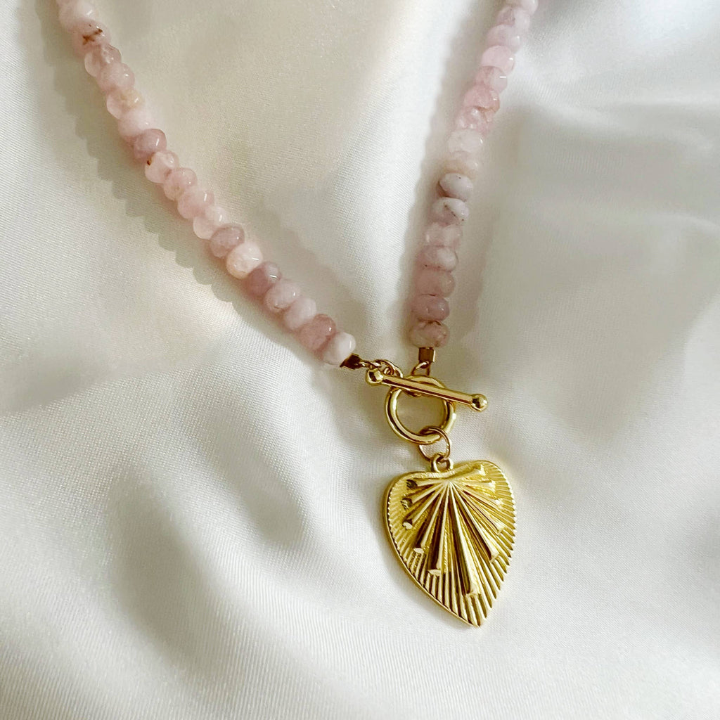 Rosalie Rose Quartz Heart Beaded Toggle Necklace Gold Filled