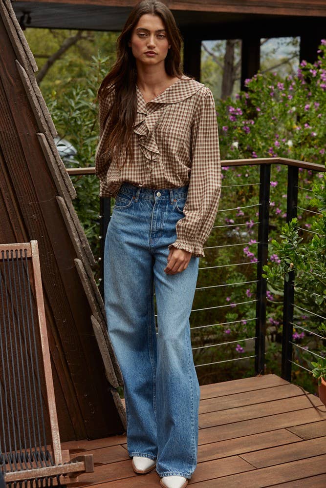 Maple | Woven 100% Cotton Gingham Ruffled Blouse