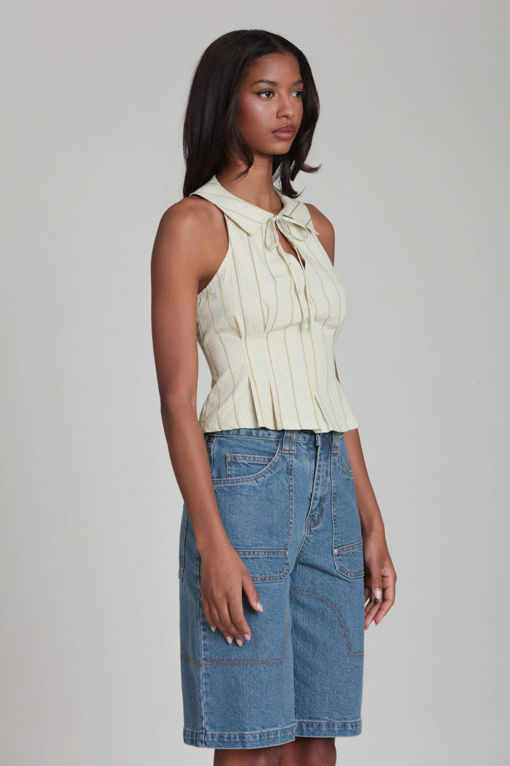Montgomery | Striped Gingham Tie Front Collared Top