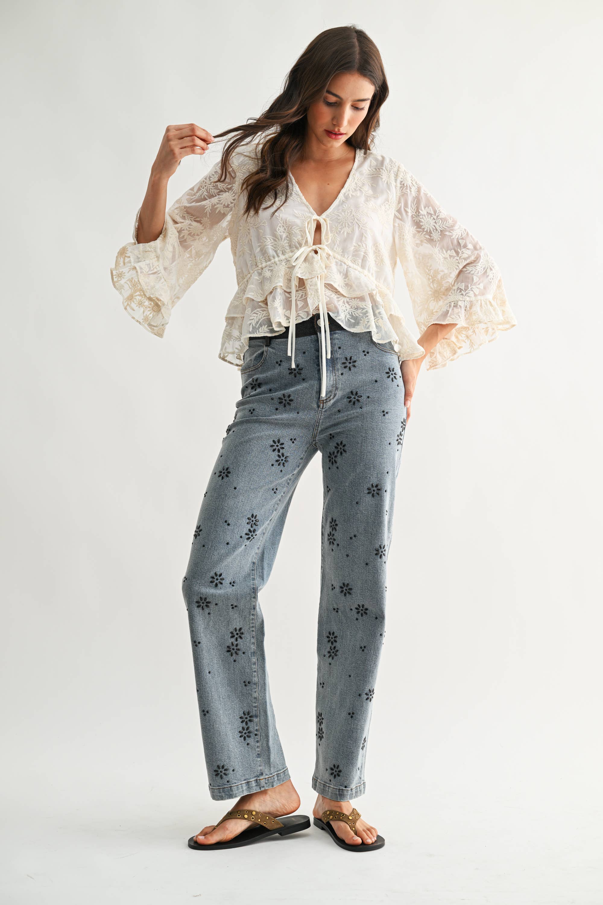 Holland |  Boho Embroidered Sheer Blouse Flowy Bell Sleeves
