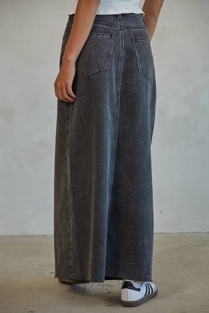 Briar | Woven Denim Washed Cut Off Midi Skirt