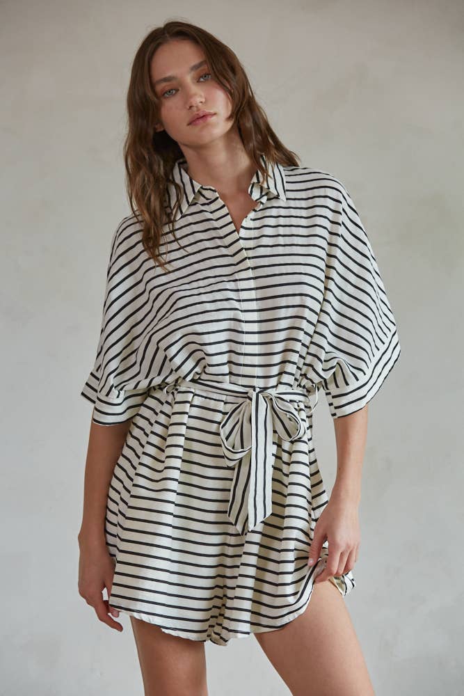 Come Over Romper | Woven Cotton Rayon Striped Waist Tie Flare Romper