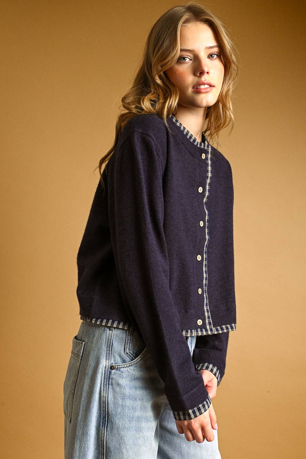 Daphne | Plaid Contrasted Button Front Cardigan