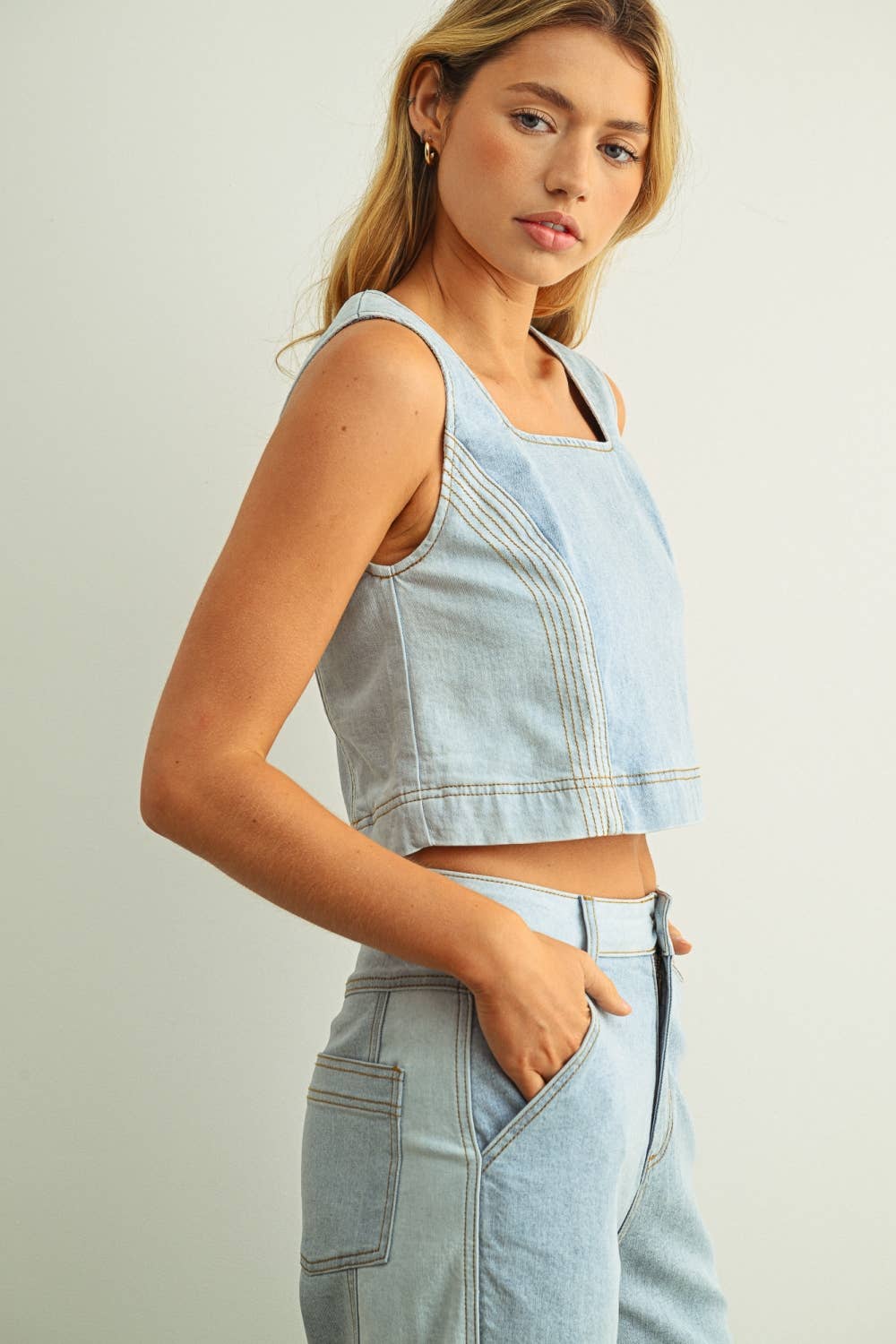 Gene | Denim Color Block Sleeveless Top