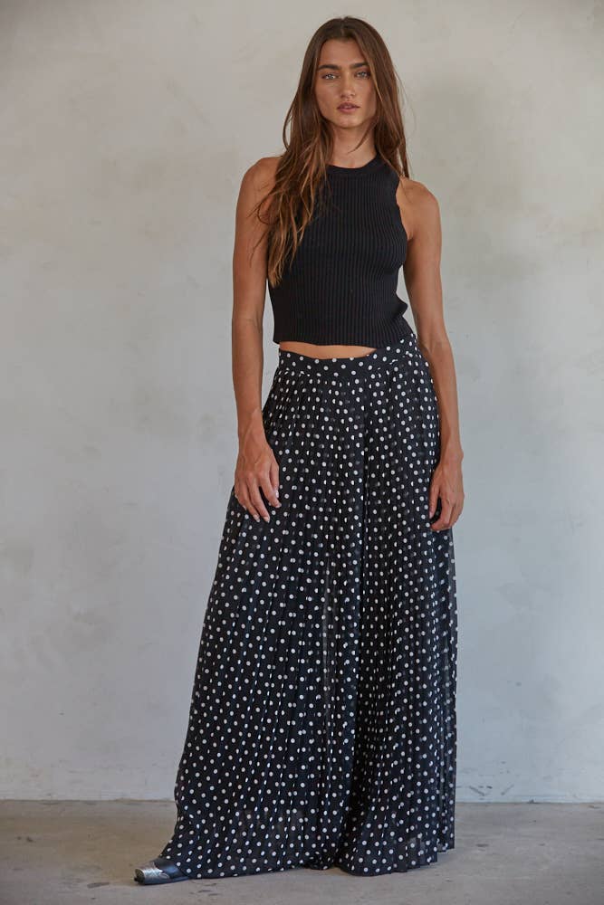 Raye | Polka Dot Pleated Chiffon Waist Band Wide Leg Pants