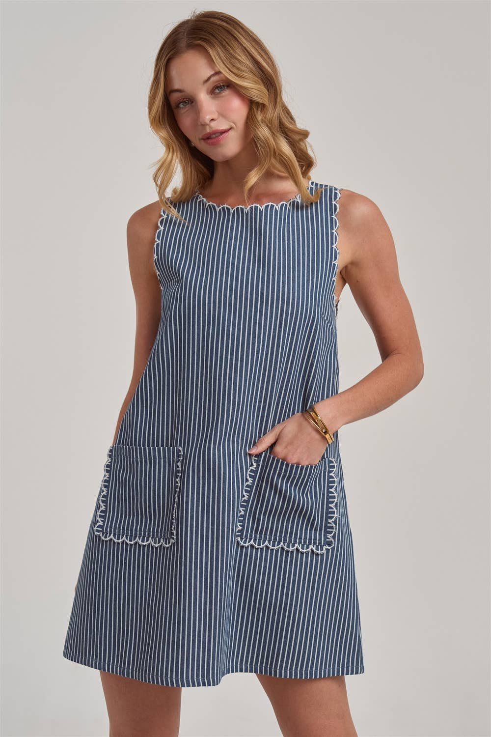 Scallop | Embroidered Sleeveless Stripe Denim Mini Dress