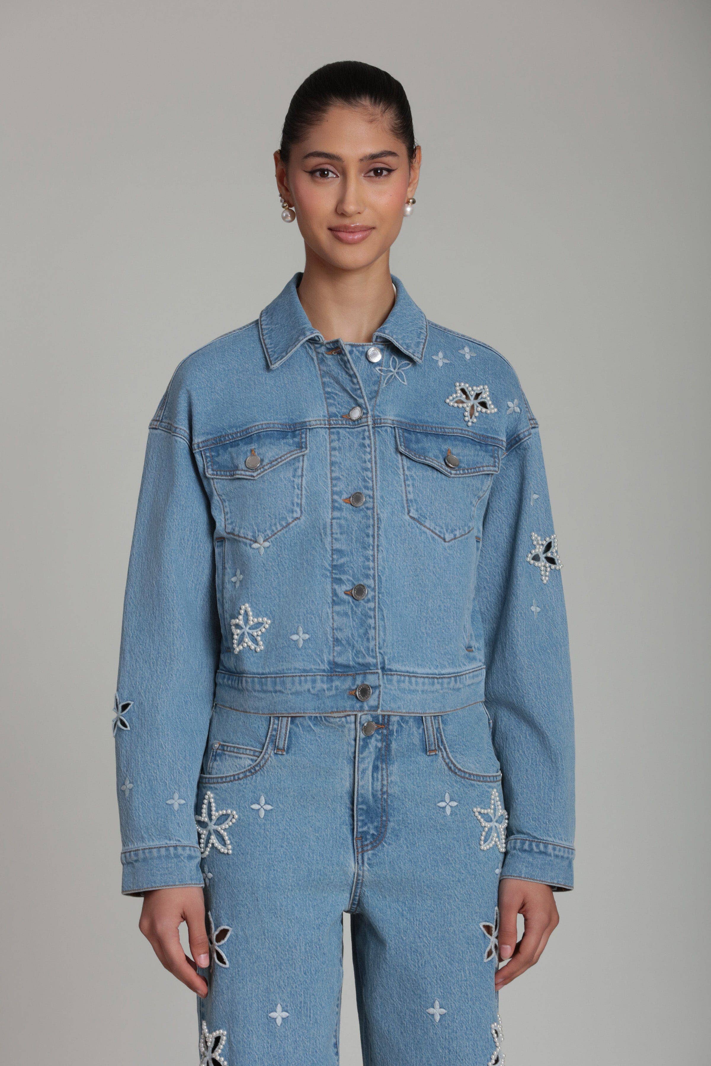 Pearl Fleur | Embellished Stretch Denim Jacket