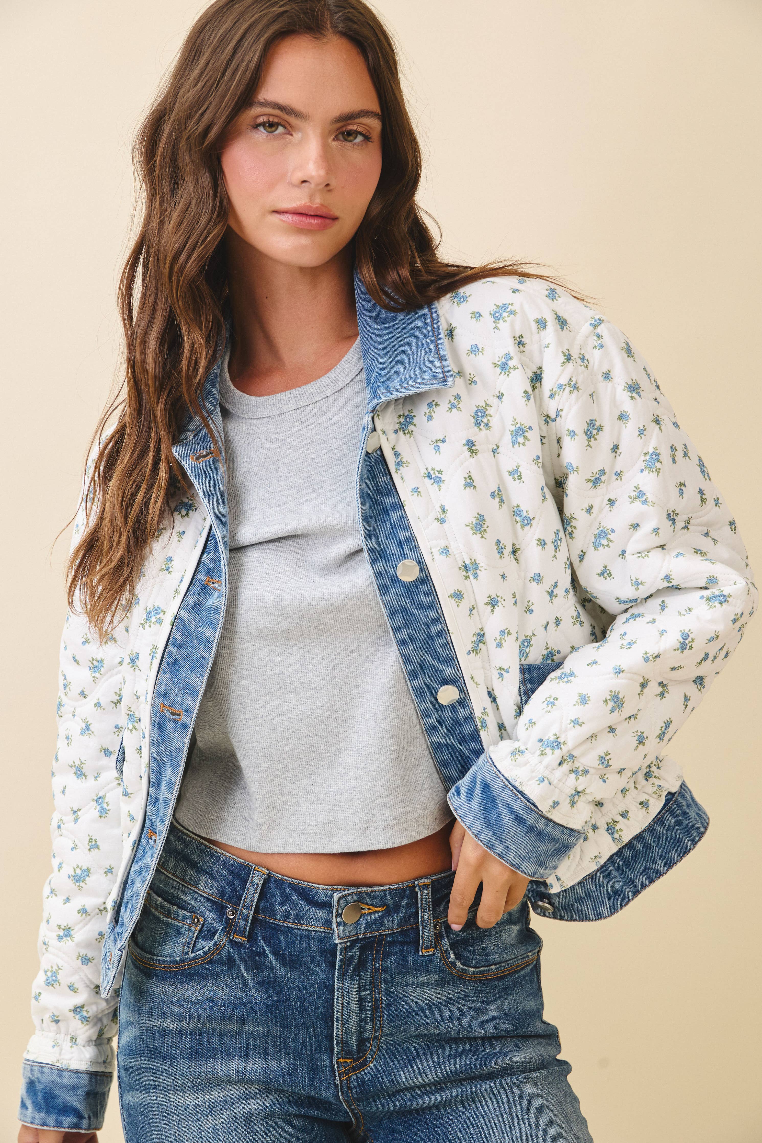 Lobelia | Floral Quilted Denim Trim Jacket