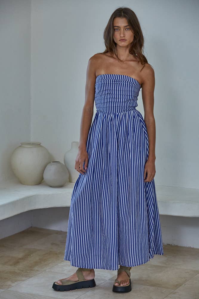 Navy | Striped Tube Neck Strapless Flare Maxi Dress
