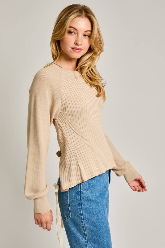 Long Sleeve Crew Neck Ribbed Open Back Sweater