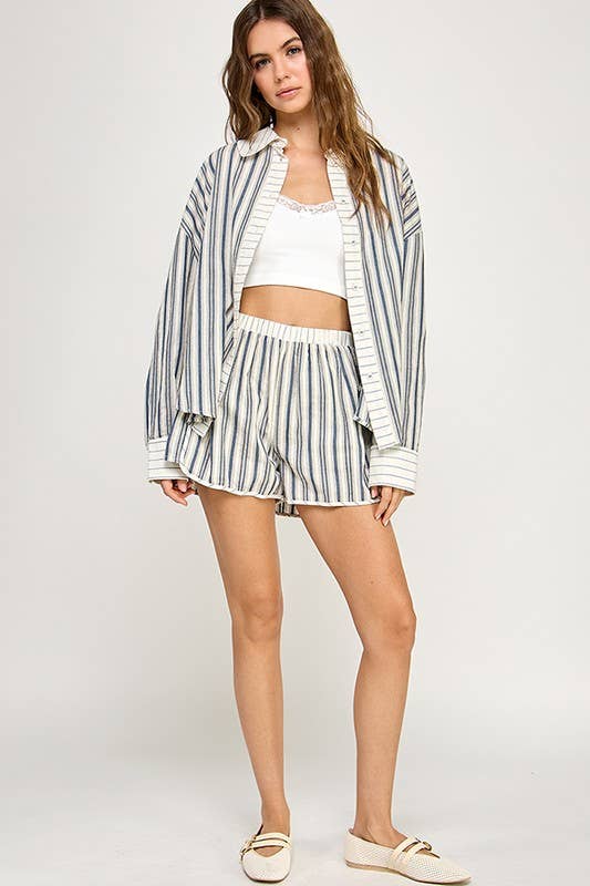 Summer Breeze | Contrast Stripe Button Down Shirt 100% Cotton