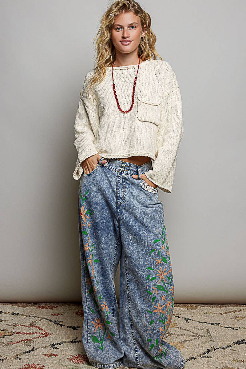 Millie | Solid Rolled-Edge Trim Chest Pocket Cropped Knit Sweater