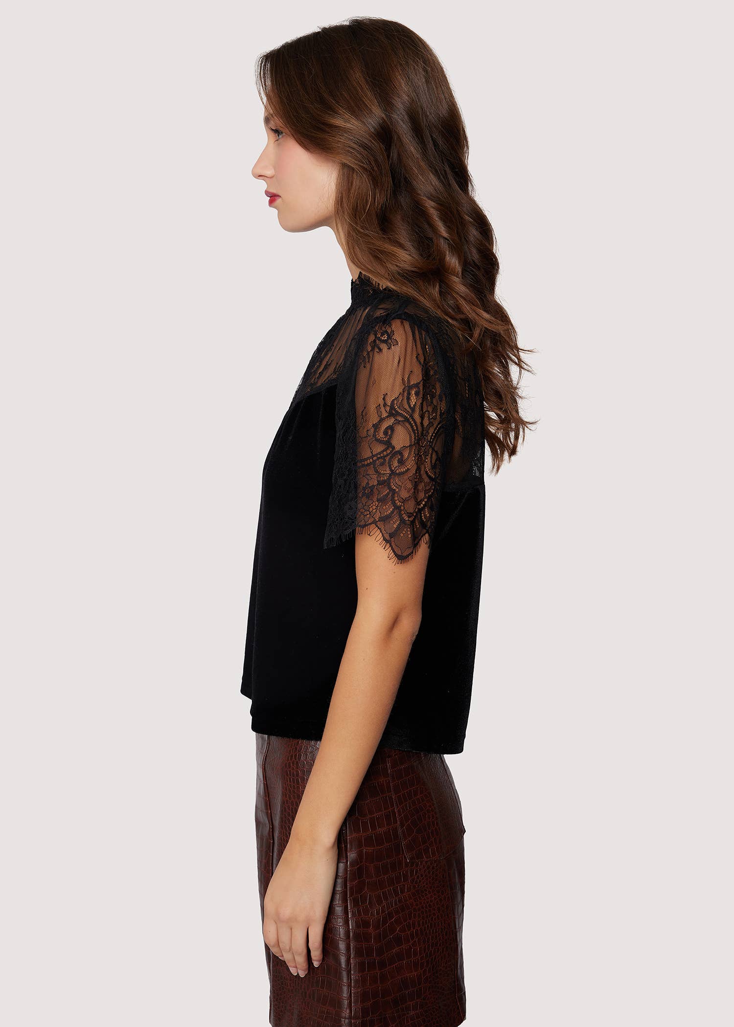 Fiore Top | Black Mock Neck Short Lace Sleeve Blouse