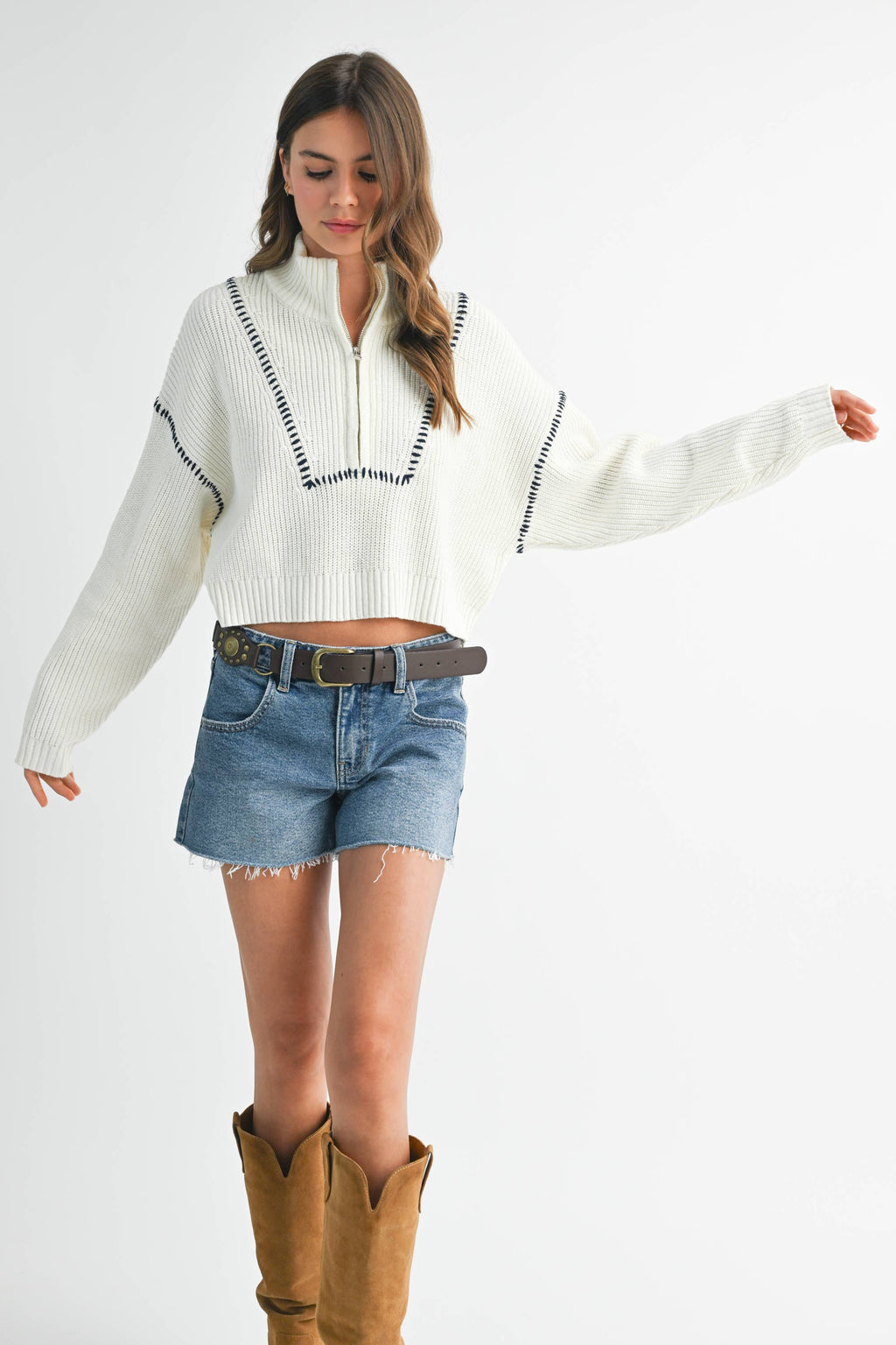 Icy | Contrast Stitch Quarter-Zip Sweater