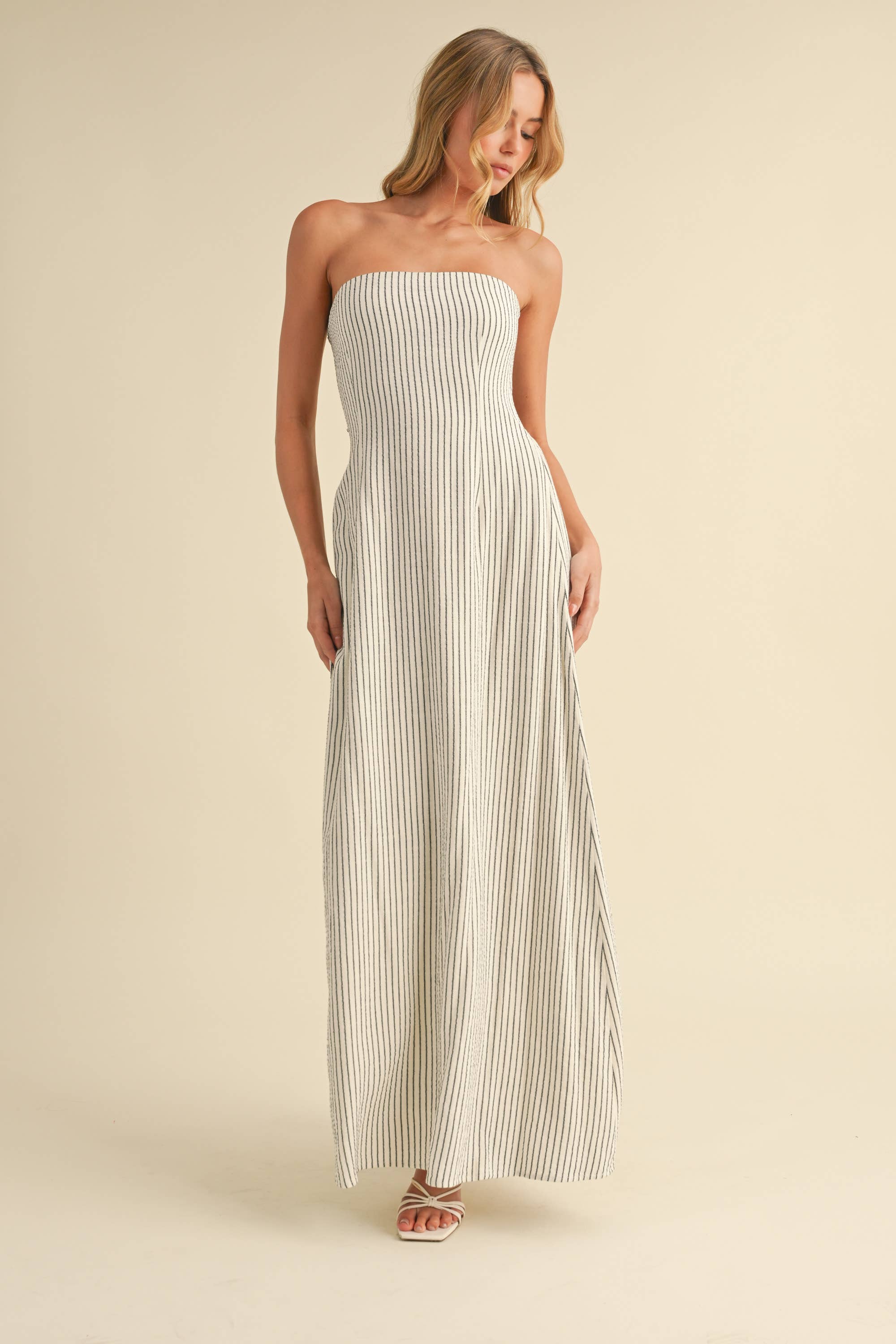 Calallily | Striped Long Back Tie Strapless Maxi